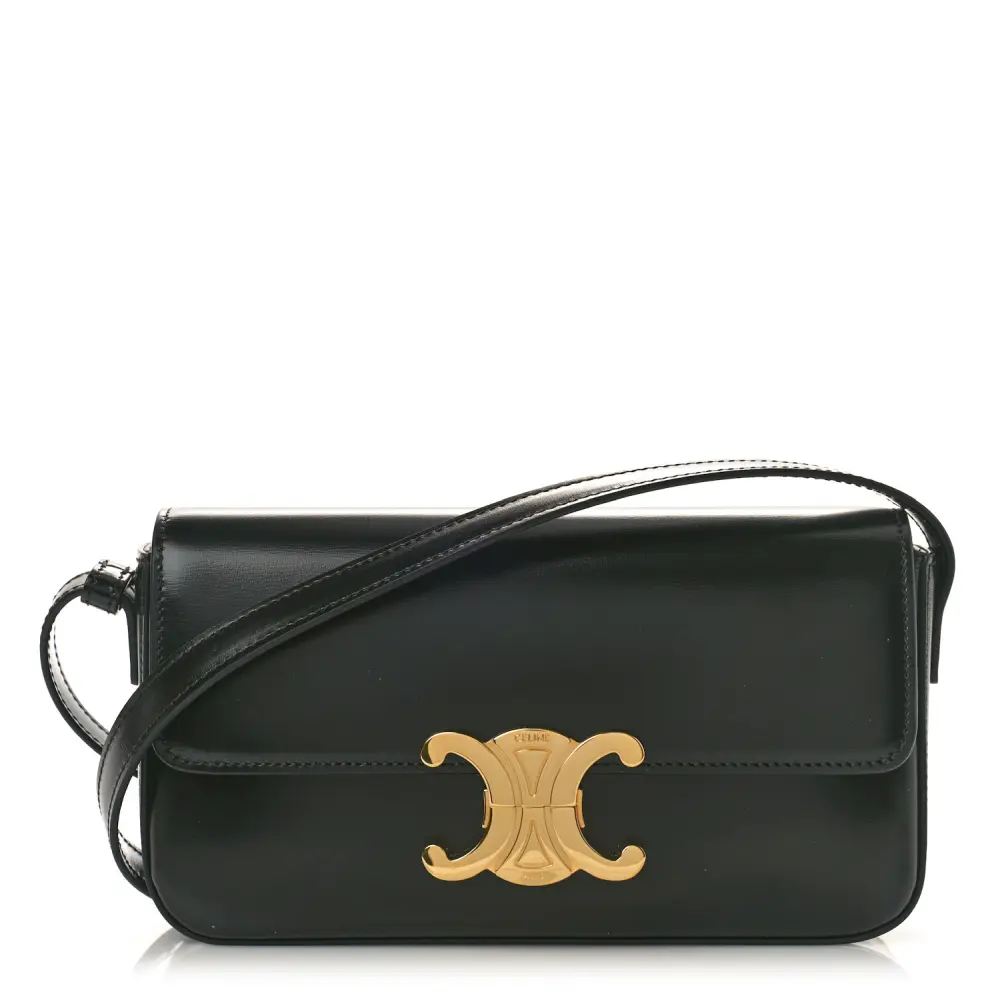 Celine Black Shiny Calfskin Leather Medium Triomphe Shoulder Bag Gold Hardware Front Replica handbags