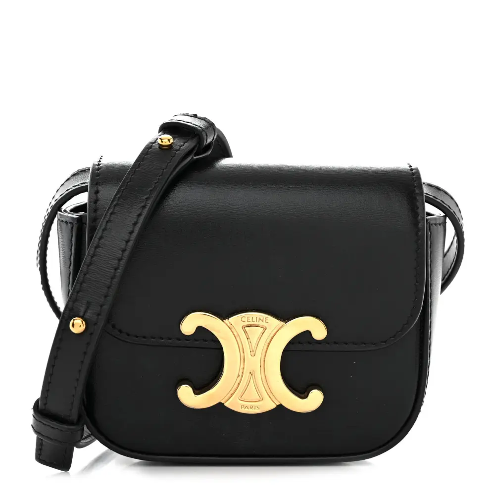 Celine Black Shiny Calfskin Leather Mini Triomphe Bag Gold Hardware Front replica handbags