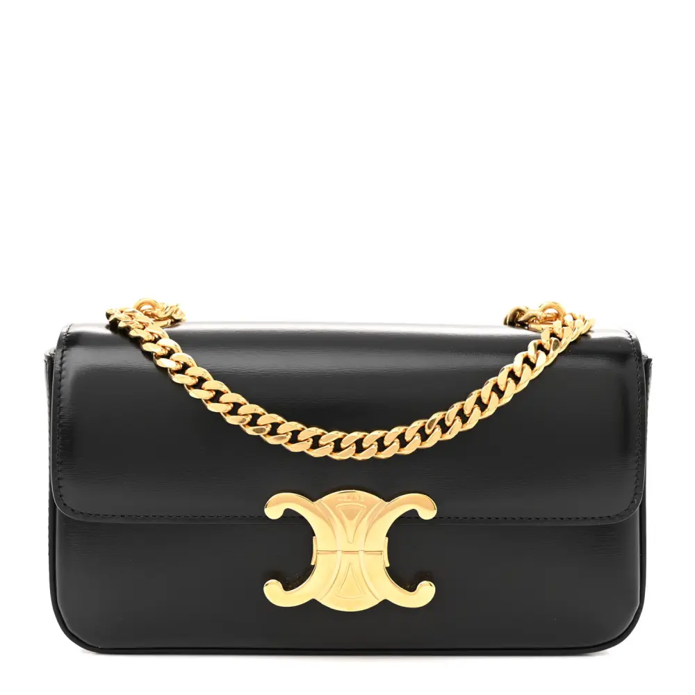 Celine Black Shiny Calfskin Leather Small Triomphe Chain Shoulder Bag Gold Hardware Front Replica handbags