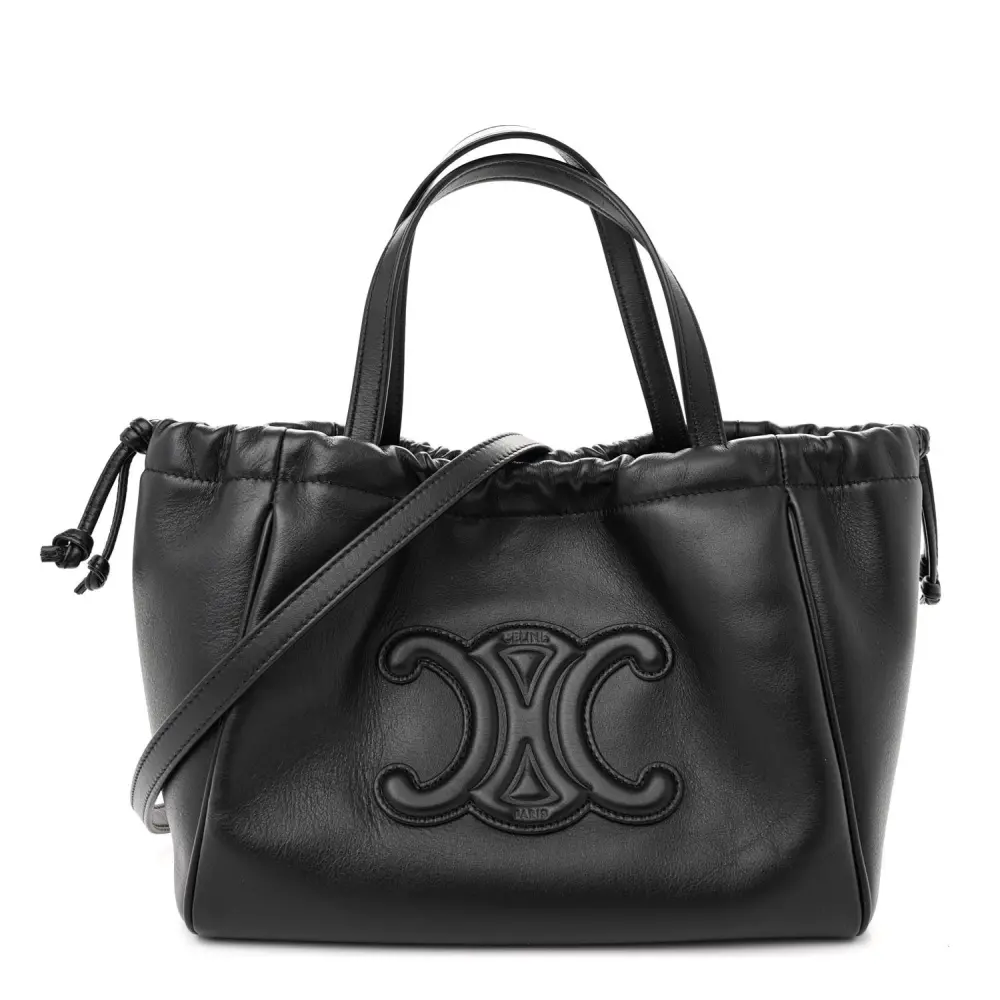 Celine Black Smooth Calfskin Leather Leather Small Triomphe Cabas Drawstring Front Replica handbags