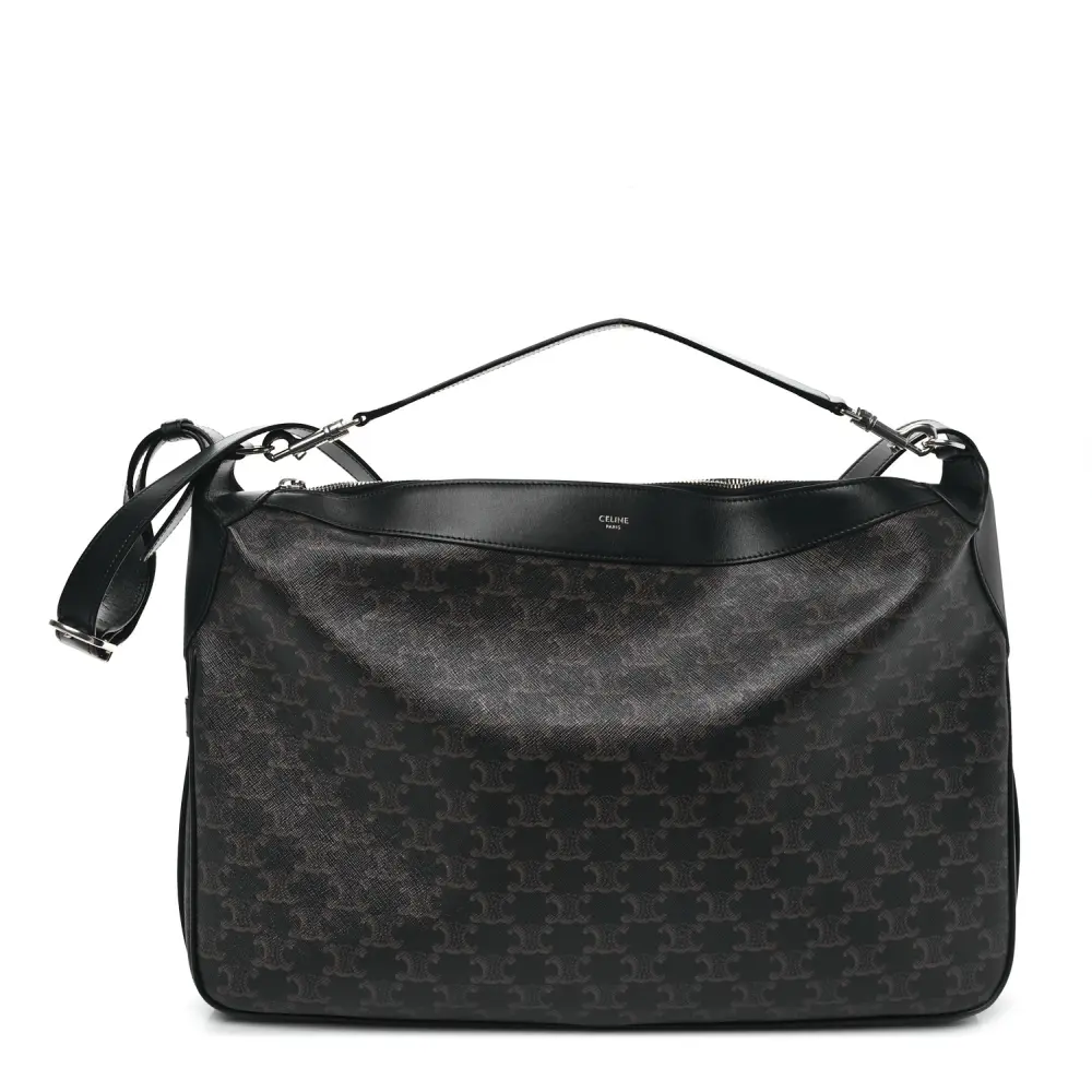 Celine Black Triomphe Canvas & Calfskin Leather Large Romy Shoulder Bag Silver Hardware Front Replica handbags