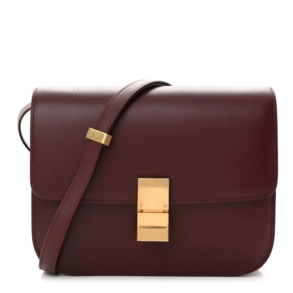 Celine Burgundy Box Calfskin Leather Medium Classic Box Flap Bag Gold Hardware Front Replica handbags