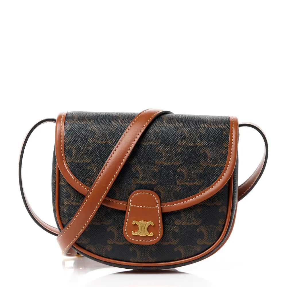 Celine Tan Canvas & Calfskin Leather Triomphe Mini Besace Gold Hardware Front Replica handbags