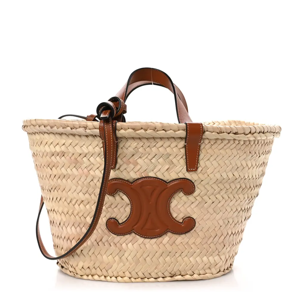 Celine Tan Palm Leaf & Calfskin Leather Medium Triomphe Teen Panier Front Replica handbags
