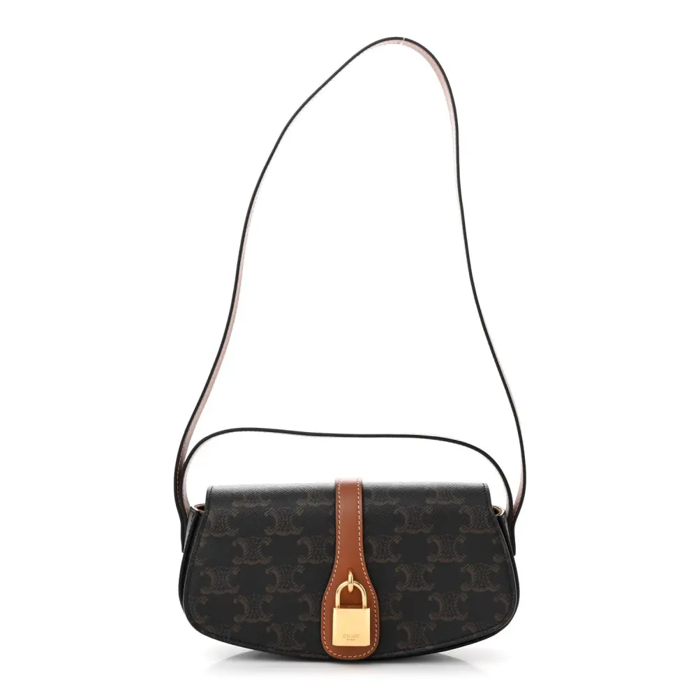 Celine Tan Triomphe Canvas & Calfskin Leather Medium Tabou Clutch on Strap Gold Hardware Front Replica handbags