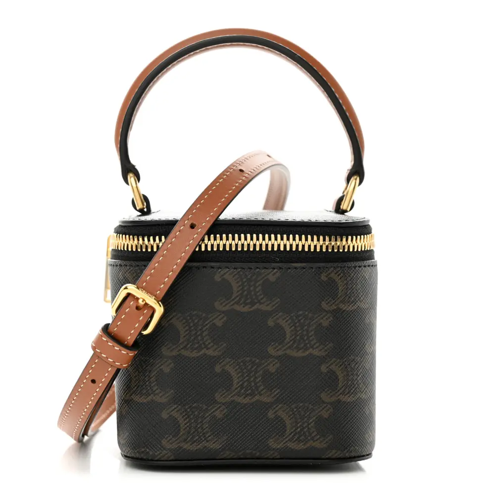 Celine Tan Triomphe Canvas & Calfskin Leather Mini Vanity Case Gold Hardware Front replica handbags