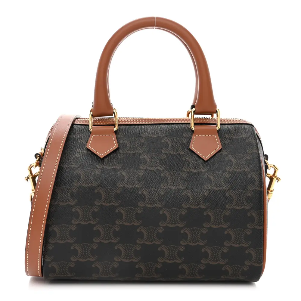 Celine Tan Triomphe Canvas & Calfskin Leather Small Boston Bag Front replica handbags