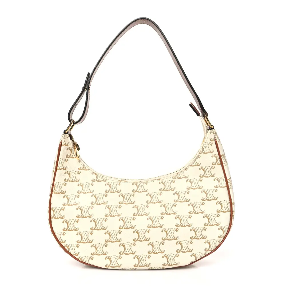 Celine White Canvas & Calfskin Leather Ava Triomphe Shoulder Bag Gold Hardware Front Replica handbags