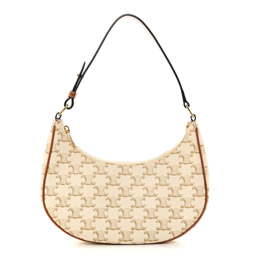 Celine White Canvas & Calfskin Leather Medium Ava Triomphe Shoulder Bag Gold Hardware Front Replica handbags