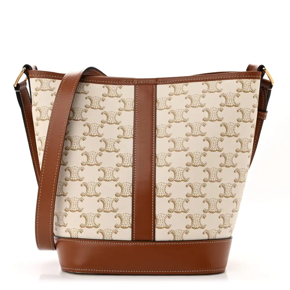 Celine White Triomphe Canvas & Calfskin Leather Small Bucket Bag Gold Hardware Front Replica handbags