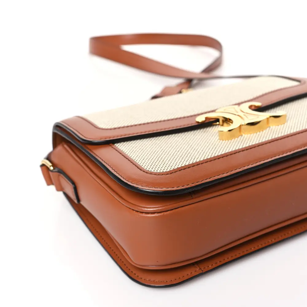 Celine White/Tan Textile Natural Calfskin Leather Medium Classique Triomphe Bag Gold Hardware High-end Reps - Image 4