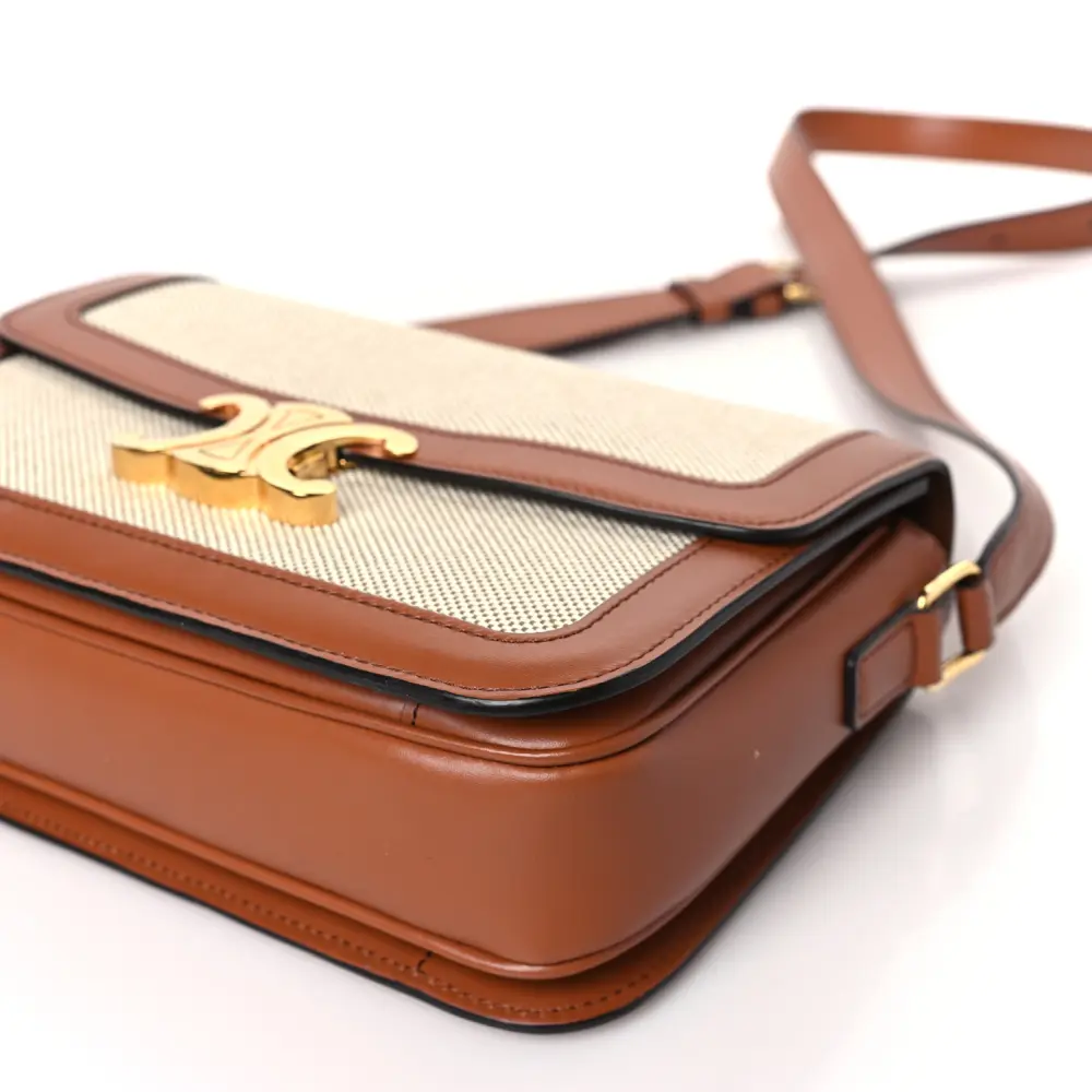 Celine White/Tan Textile Natural Calfskin Leather Medium Classique Triomphe Bag Gold Hardware High-end Reps - Image 5