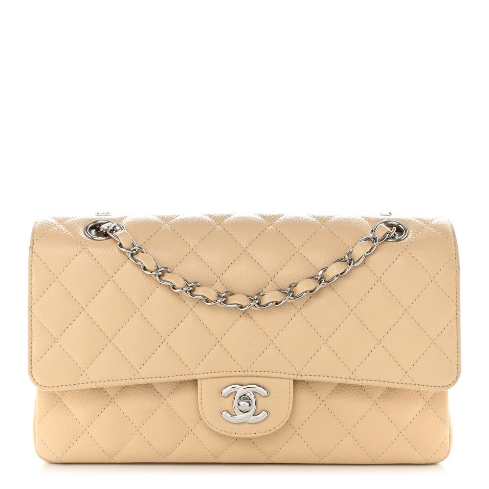Chanel Beige Quilted Caviar Leather Medium Double Flap Silver Hardware Front replica handbag