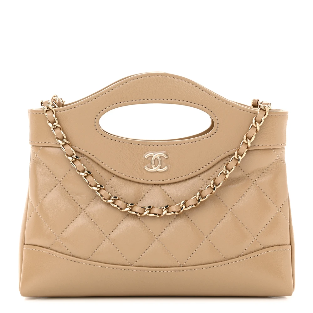 Chanel Beige Quilted Shiny Crumpled Calfskin Leather Nano 31 Shopping Bag Gold Hardware Front replica handbag