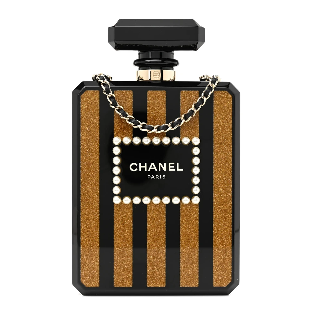 Chanel Black Plexiglass Small Perfume Bottle Clutch Gold Hardware Front replica handbag