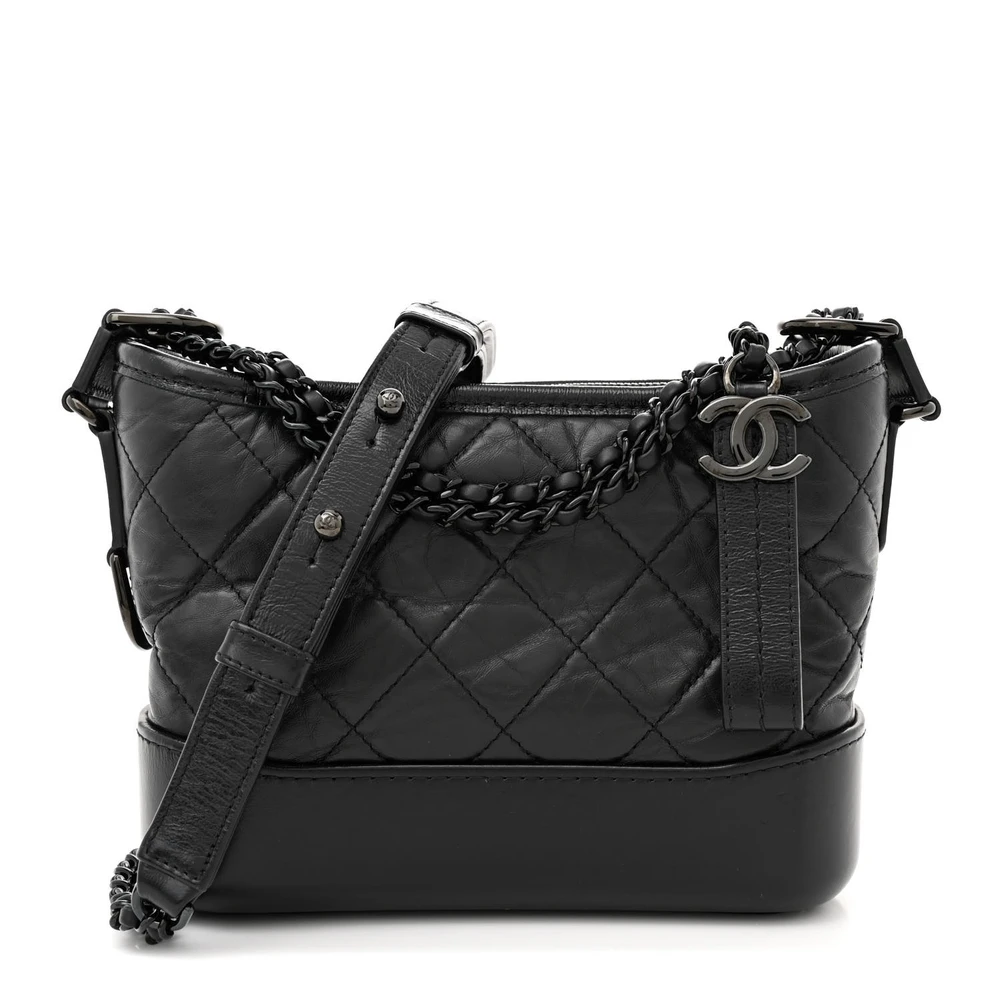 Chanel Black Quilted Aged Calfskin Leather Small Gabrielle Hobo Black Hardware Front replica handbag
