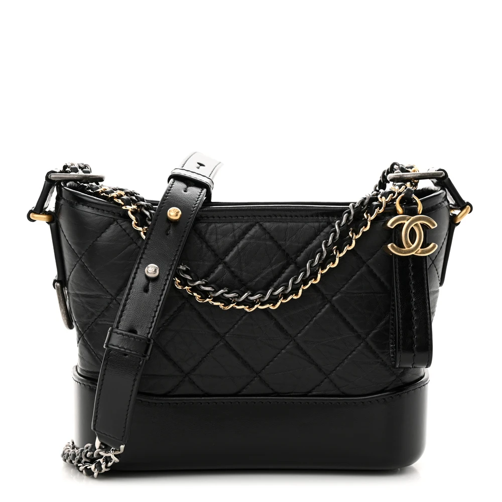 Chanel Black Quilted Aged Calfskin Leather Small Gabrielle Hobo Mixed Metal Hardware Front replica handbag
