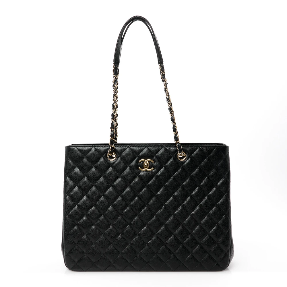 Chanel Black Quilted Caviar Leather Large Shopping Tote Light Gold Hardware Front replica handbag