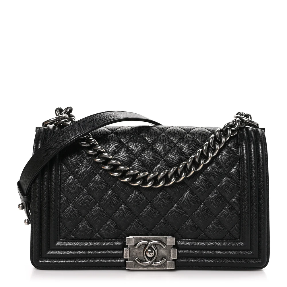Chanel Black Quilted Caviar Leather Medium Boy Flap Ruthenium Hardware Front replica handbag