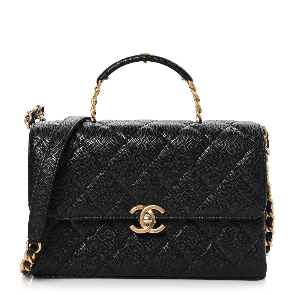 Chanel Black Quilted Caviar Leather Medium Carry Me Top Handle Flap Aged Gold Hardware Front replica handbag