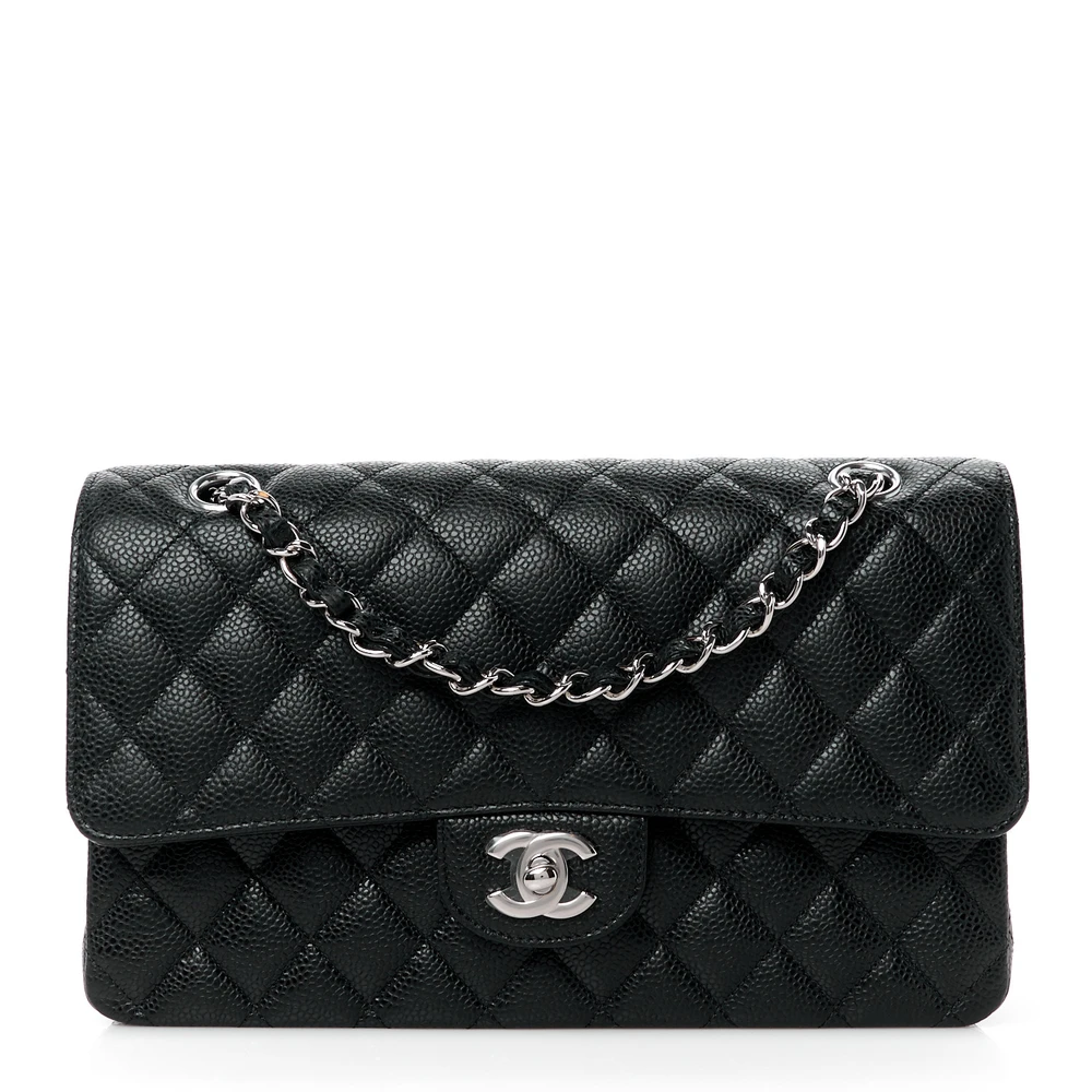 Chanel Black Quilted Caviar Leather Medium Double Flap Silver Hardware Front replica handbag