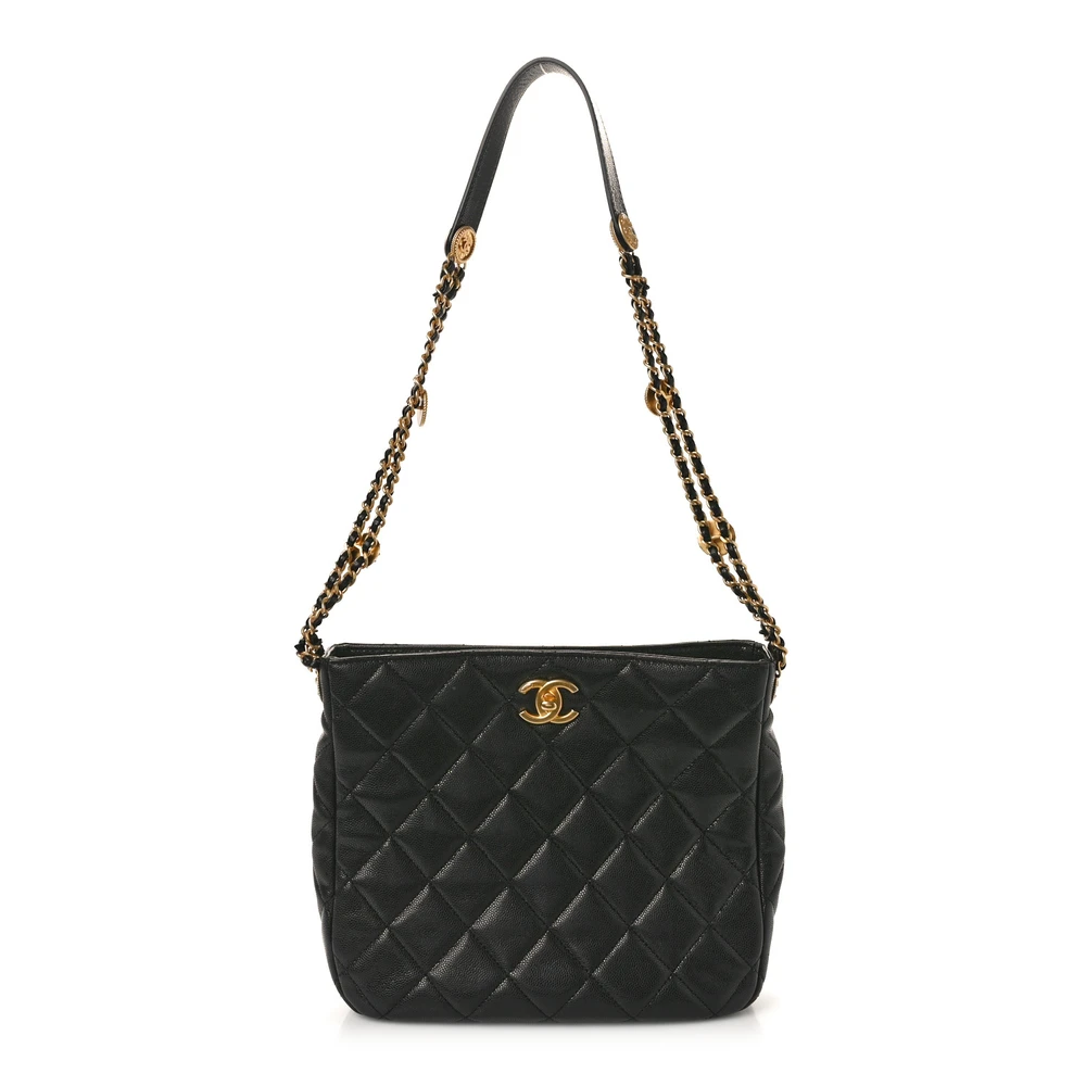 Chanel Black Quilted Caviar Leather Medium Twist Your Buttons Hobo Aged Gold Hardware Front replica handbag