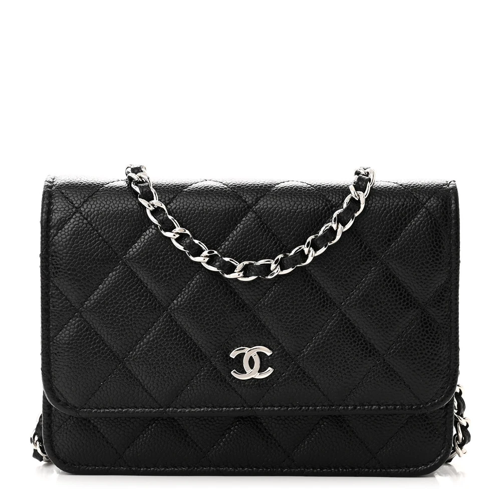 Chanel Black Quilted Caviar Leather Mini Wallet On Chain (WOC) Silver Hardware Front replica handbag