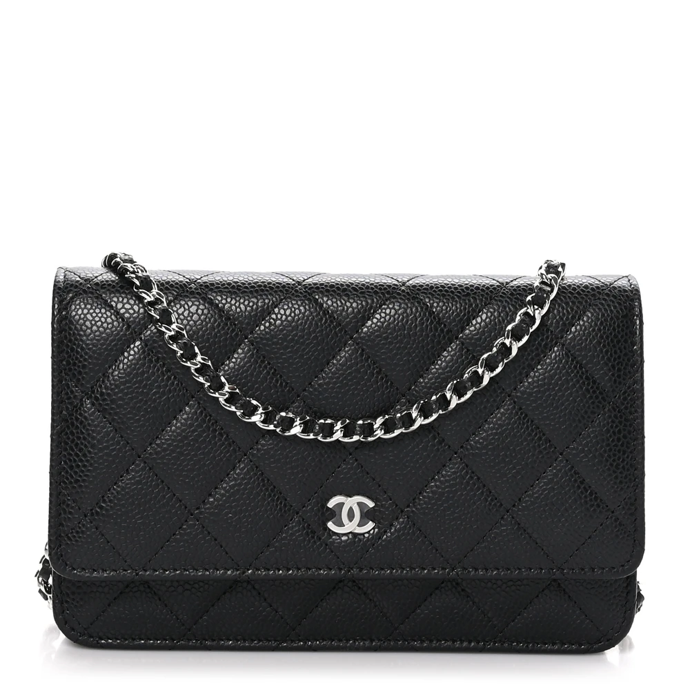 Chanel Black Quilted Caviar Leather Small Wallet On Chain (WOC) Silver Hardware Front replica handbag