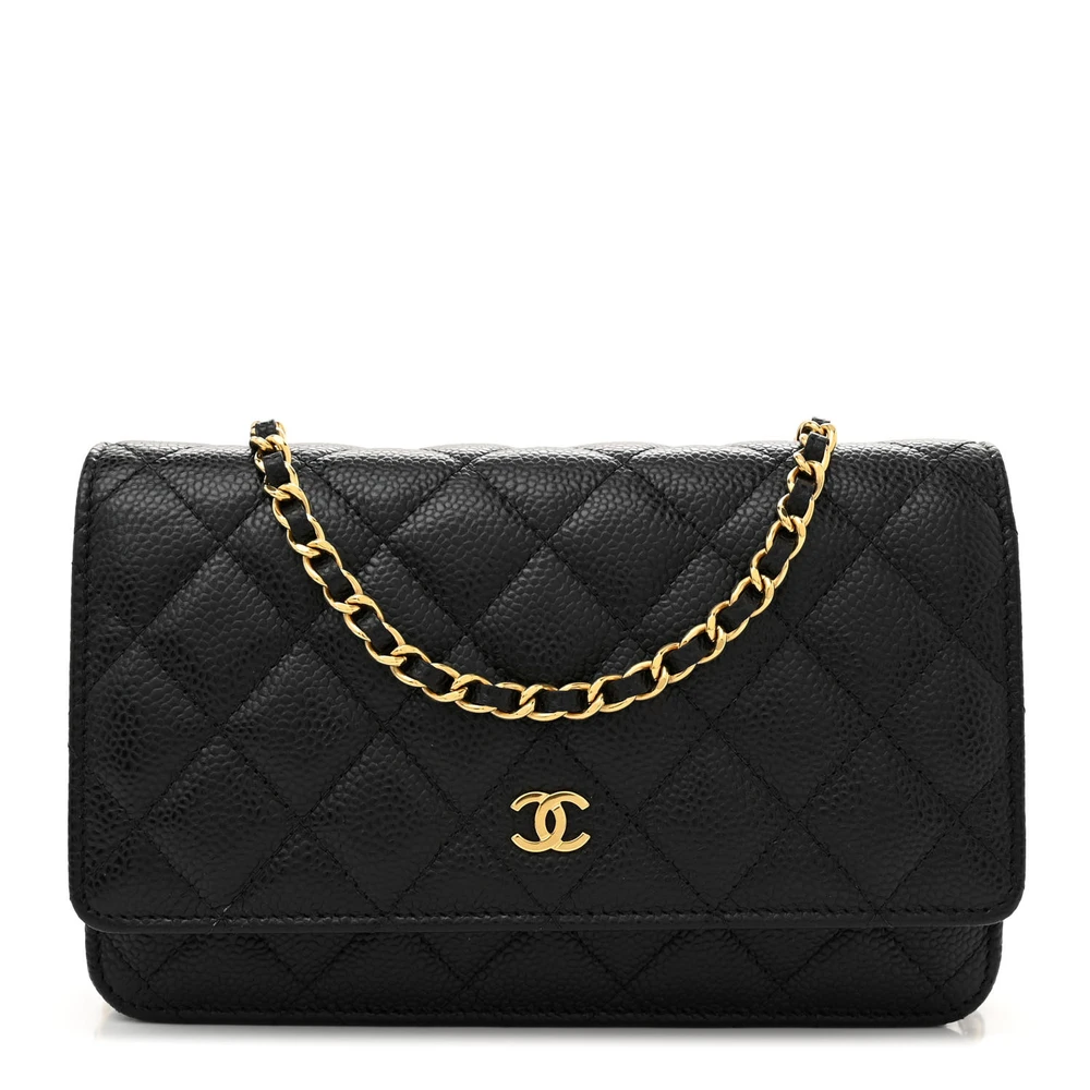 Chanel Black Quilted Caviar Leather Small Wallet On Chain (WOC) Silver Hardware Front replica handbags
