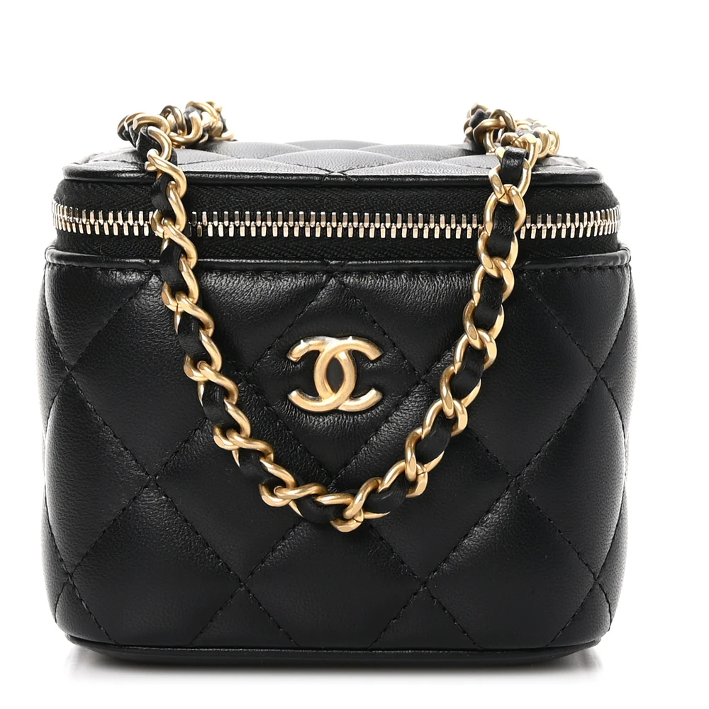 Chanel Black Quilted Lambskin Leather Mini Pearl Crush Vanity Case With Chain Gold Hardware Front replica handbag