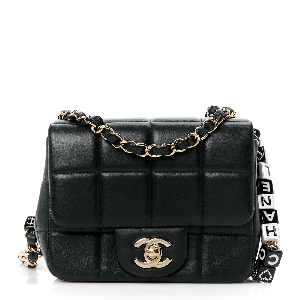 Chanel Black Quilted Lambskin Leather & Resin Crystal Mini Monacoco Flap Square Gold Hardware Front replica handbags