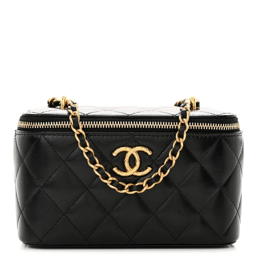 Chanel Black Quilted Lambskin Leather Small CC Dynasty Vanity Case With Chain Gold Hardware Front replica handbags