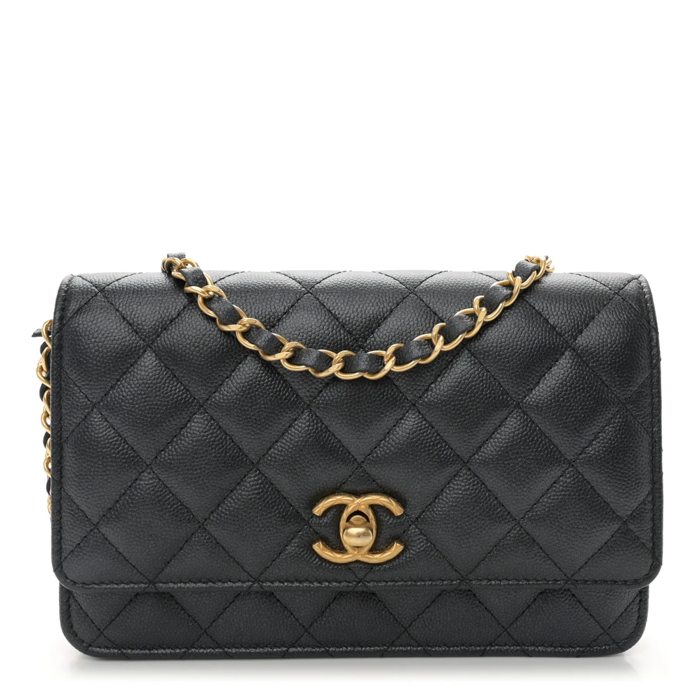 Chanel Black Quilted Pearly Caviar Leather Small CC Quilted Wallet On Chain (WOC) Aged Gold Hardware Front replica handbag