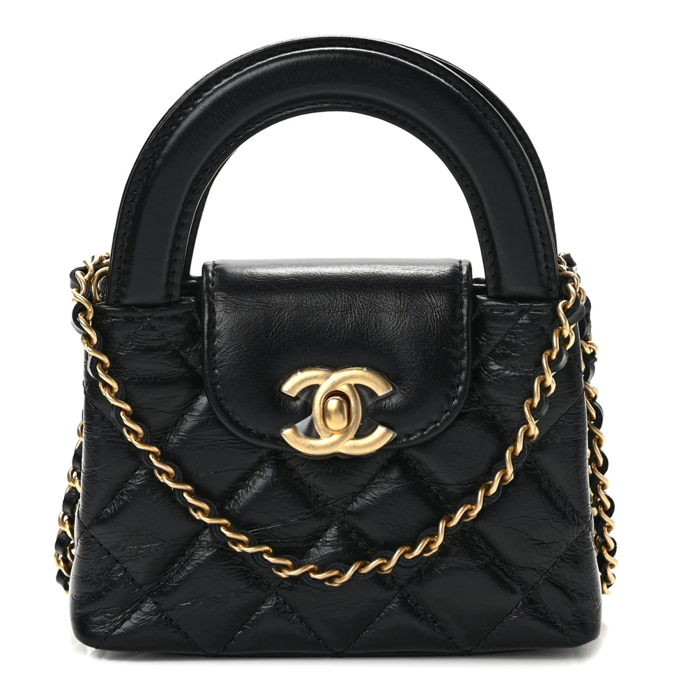 Chanel Black Quilted Shiny Aged Calfskin Leather Mini Nano Kelly Shopper Gold Hardware Front replica handbag