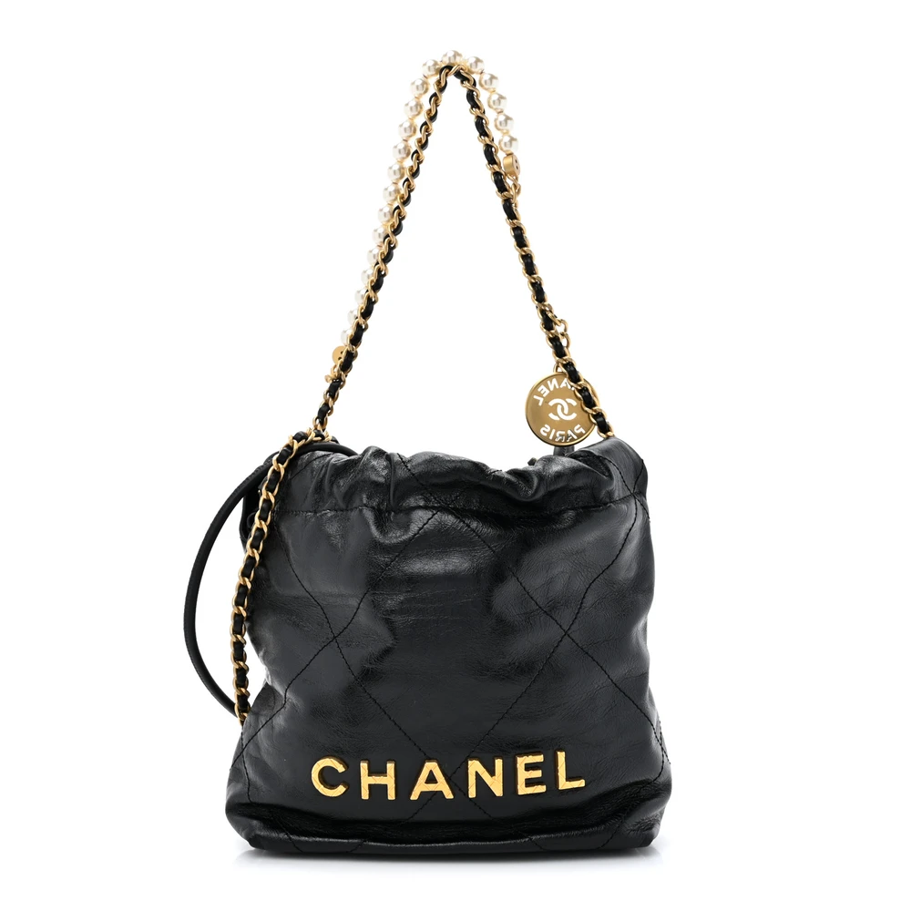 Chanel Black Quilted Shiny Crumpled Calfskin Leather Pearl Mini Chanel 22 Bag Gold Hardware Front replica handbag