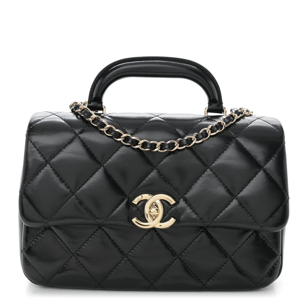 Chanel Black Quilted Shiny Lambskin Leather Medium Coco Trip Flap Light Gold Hardware Front replica handbag