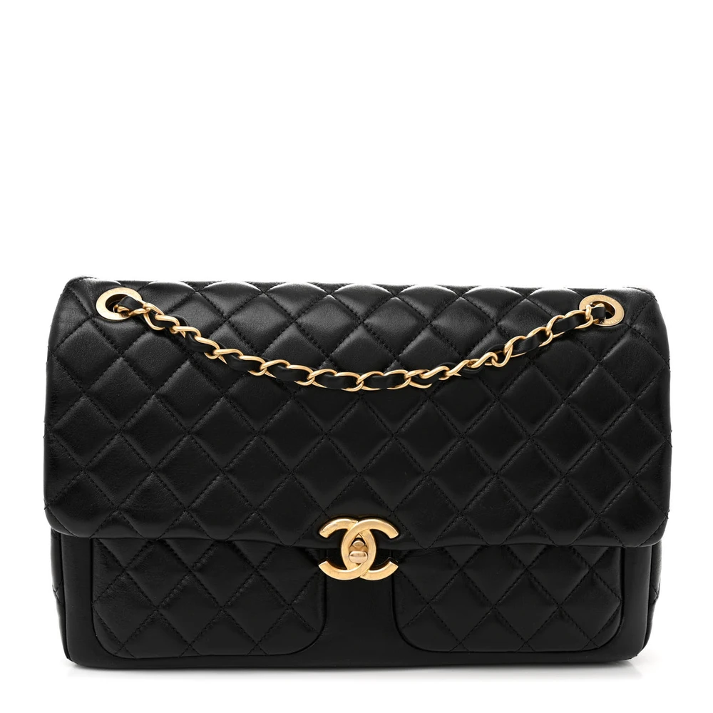 Chanel Black Quilted Shiny Lambskin Leather Medium Daily Friend Flap Gold Hardware Front replica handbag
