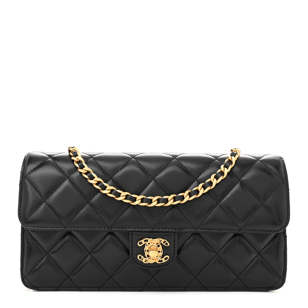 Chanel Black Quilted Shiny Lambskin Leather Small Flap ClutchGold Hardware Front replica handbag