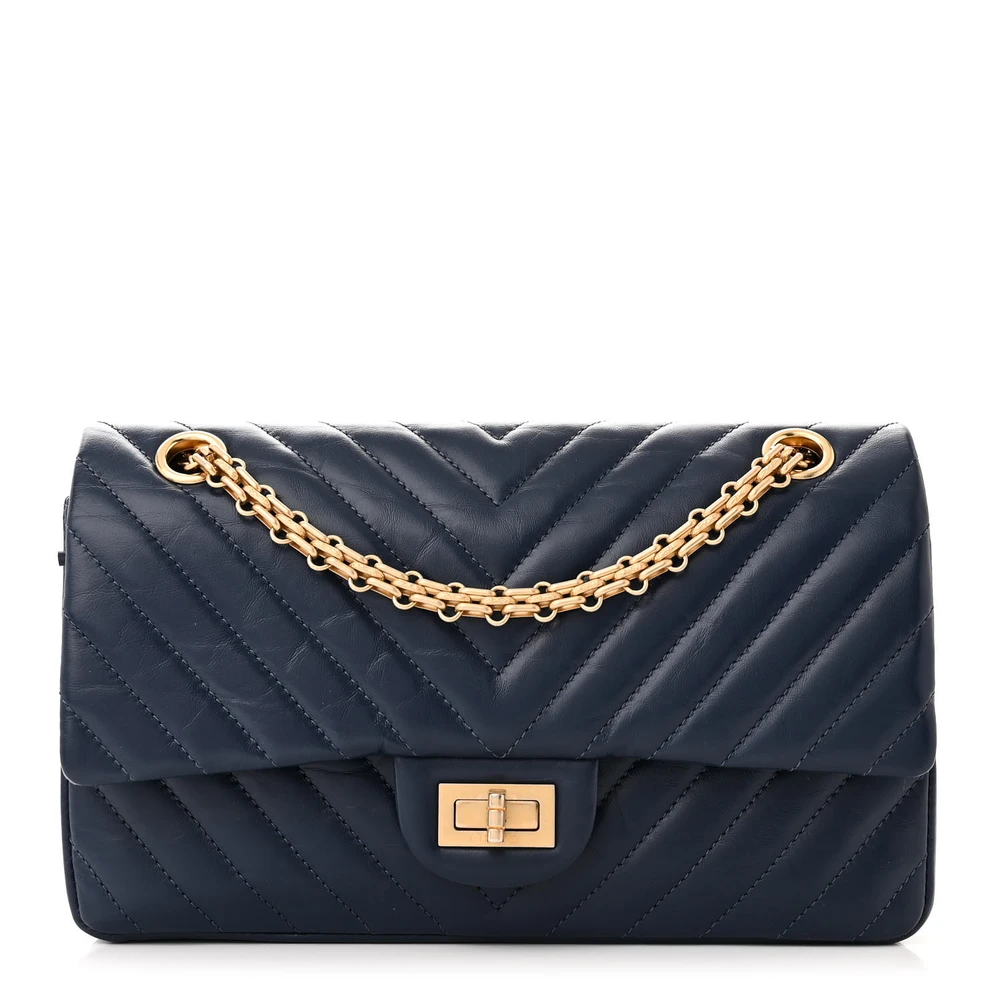 Chanel Blue Chevron Quilted Aged Calfskin Leather Medium 2.55 Reissue 225 Flap Matte Gold Hardware Front replica handbag