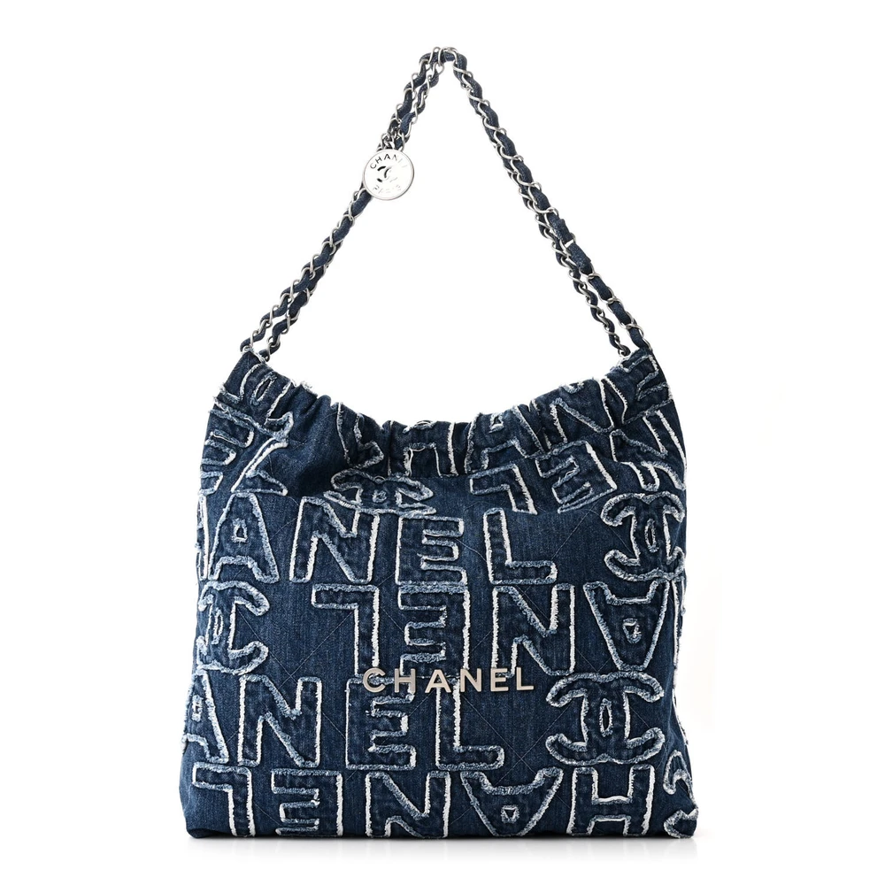 Chanel Blue Denim Patchwork Logo Large Chanel 22 Silver Hardware Front replica handbag