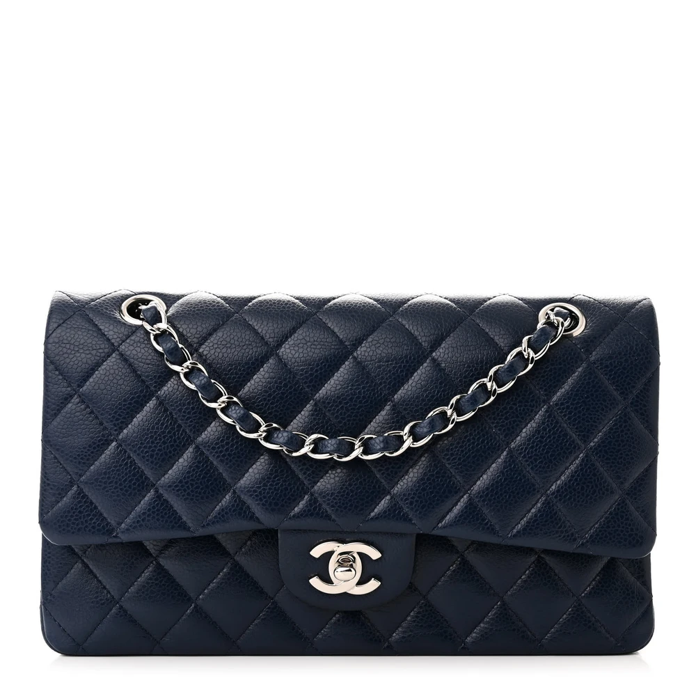 Chanel Blue Quilted Caviar Leather Medium Double Flap Silver Hardware Front replica handbag