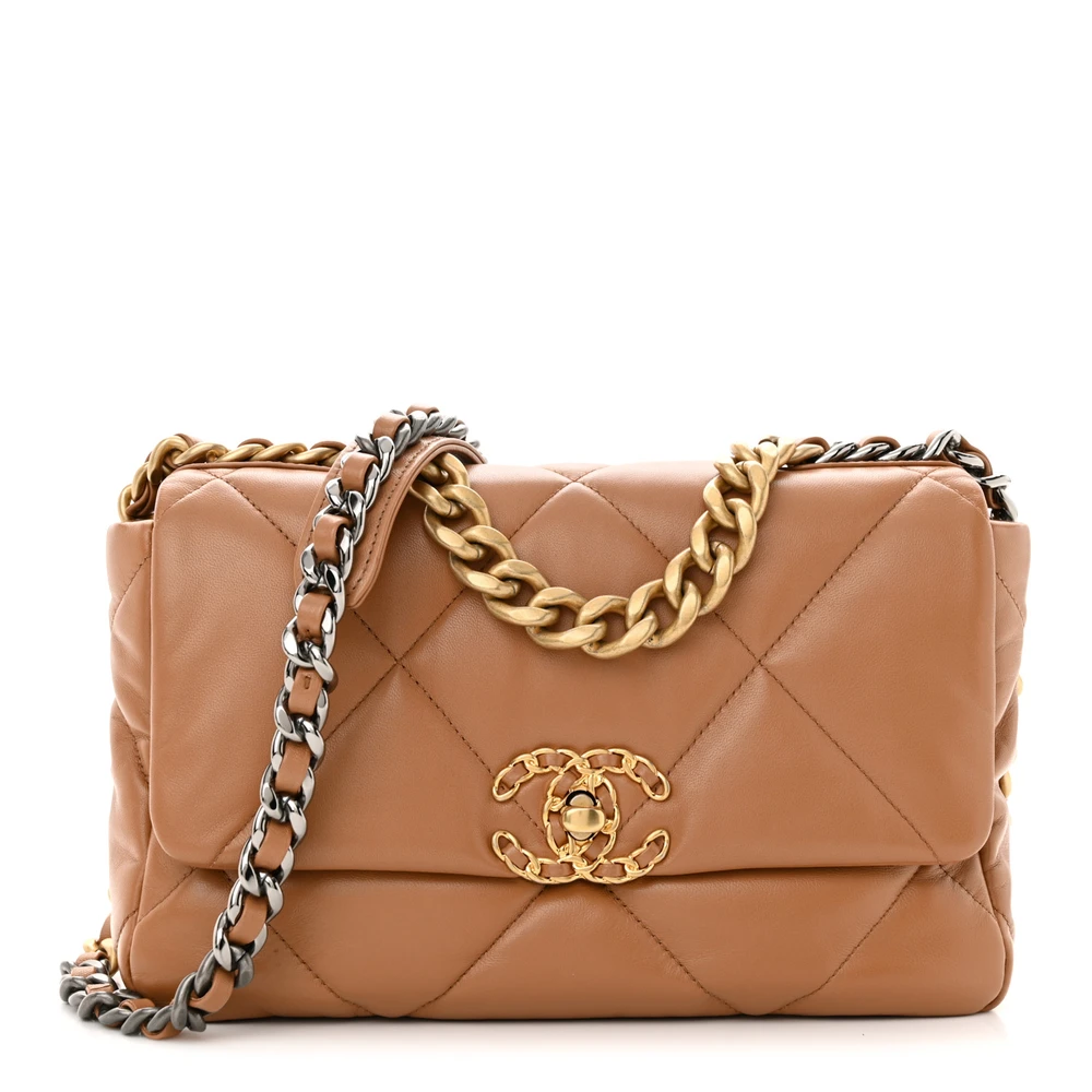 Chanel Brown Quilted Lambskin Leather Medium Chanel 19 Flap Mixed Metal Hardware Front replica handbag