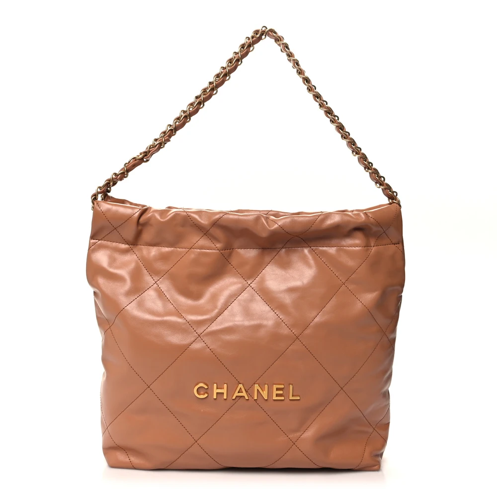 Chanel Camel Quilted Shiny Calfskin Leather Small Chanel 22 Gold Hardware Front replica handbag