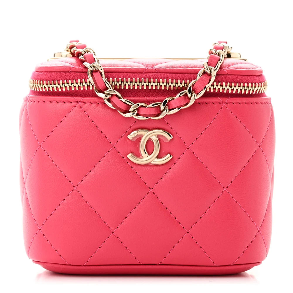 Chanel Dark Pink Quilted Lambskin Leather Trendy Mini Vanity Case With Chain Gold Hardware Front replica handbag