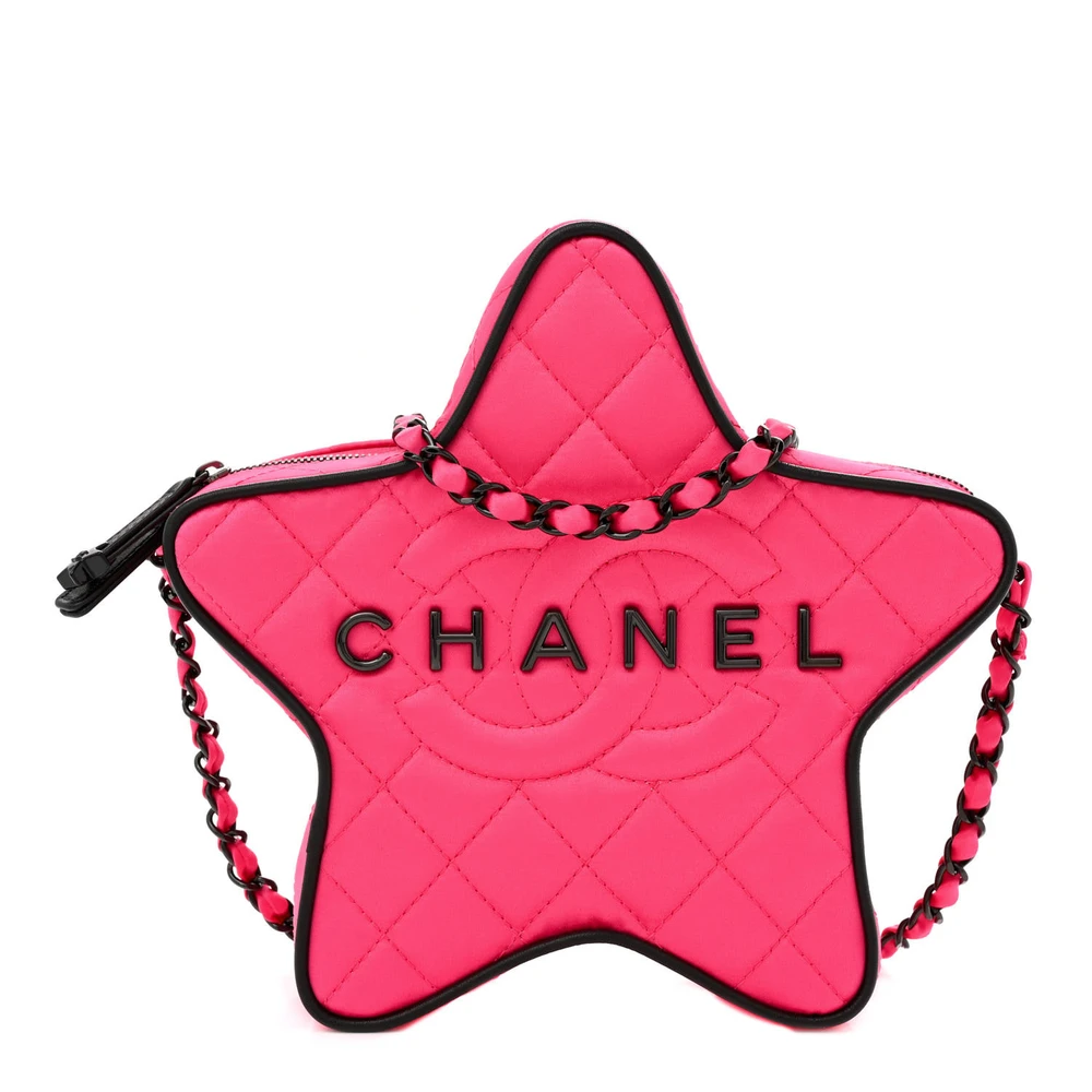 Chanel FuchsiaBlack Quilted Satin Small Walk Of Fame Star Black Hardware Front replica handbag