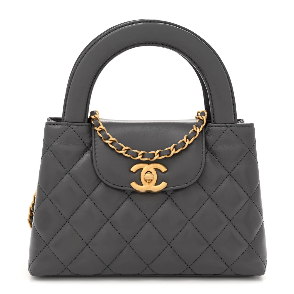 Chanel Grey Quilted Shiny Aged Calfskin Leather Nano Kelly Shopper Aged Gold Hardware Front replica handbag