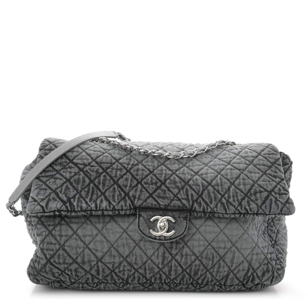 Chanel GreyBlack Quilted Denim Denimpression XXL Flap Silver Hardware Front replica handbag