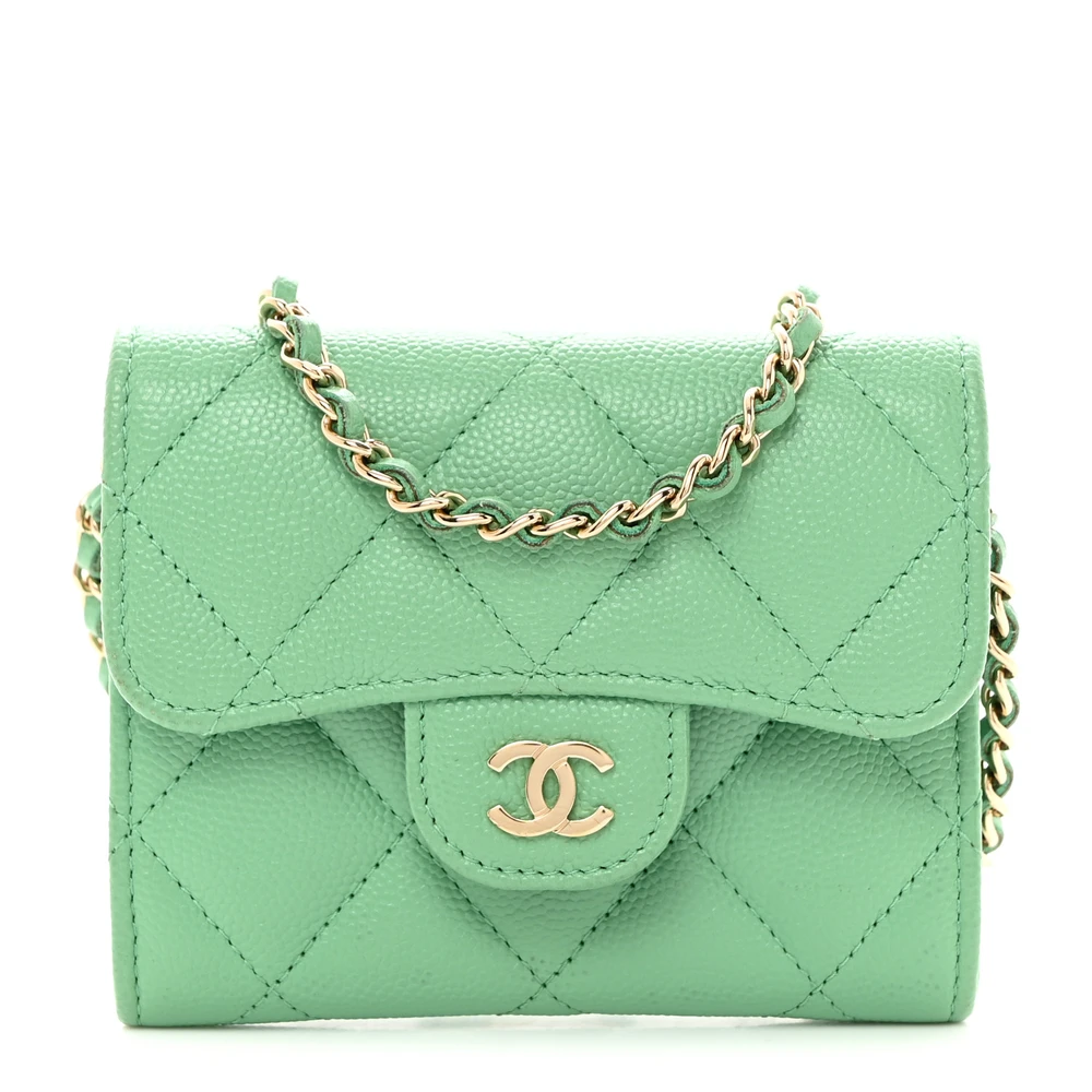 Chanel Light Green Quilted Caviar Leather Small Flap Card Holder On Chain Light Gold Hardware Front replica handbags
