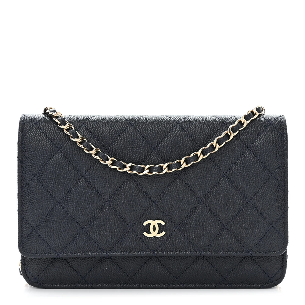 Chanel Navy Blue Quilted Caviar Leather Small Wallet On Chain (WOC) Light Gold Hardware Front replica handbags