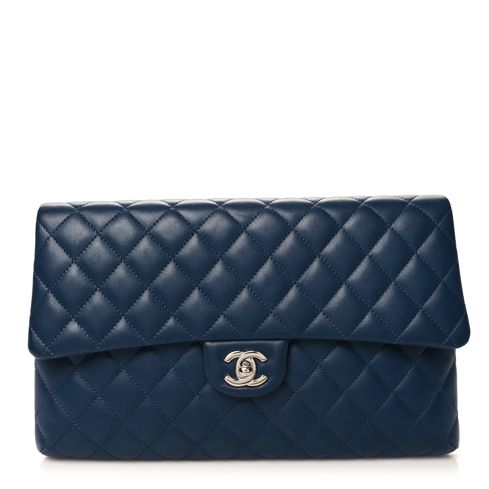 Chanel Navy Quilted Caviar Leather Medium Flap Clutch Silver Hardware Front replica handbag